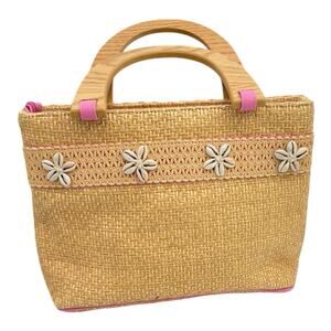 Lilly Pulitzer Straw Tote Bag Pink Highlights Wood Handles Seashell Accents HTF